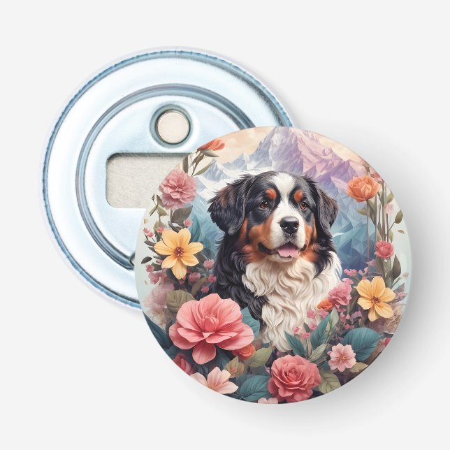 3D Blumenfantasy Bernese Mountain Dog Birds View Flaschenöffner (Vorderseite)