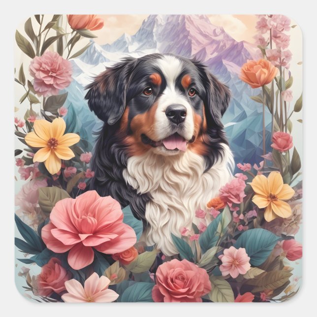 3D Blumenfantasy Bernese Mountain Dog Birds View Quadratischer Aufkleber (Vorderseite)