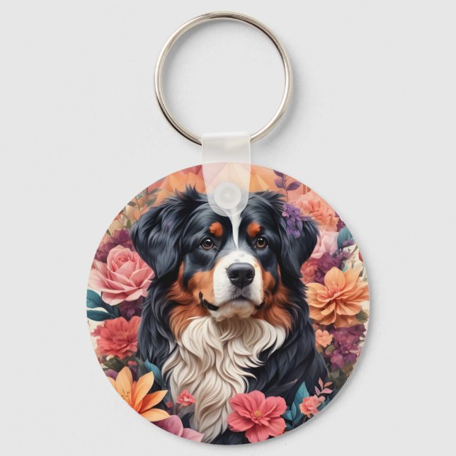 3D Blumenfantasy Bernese Mountain Dog Birds View Schlüsselanhänger (Rückseite)