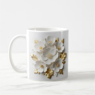 3D-blumengeschmückte weiße Blumen und goldene Blät Kaffeetasse
