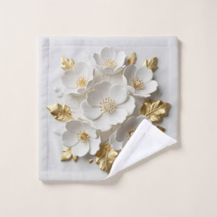 3D-blumengeschmückte weiße Blumen und goldene Blät Waschlappen