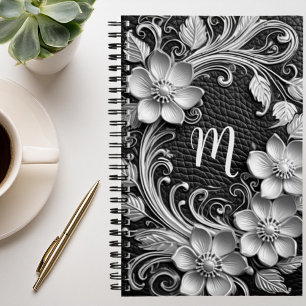 3D-Blumenrahmen geprägtes Leder-Look Monogramm Notizbuch