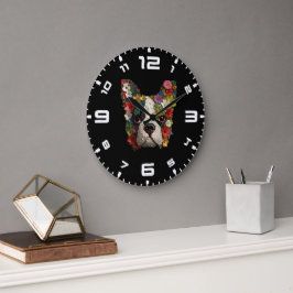3D Boston Terrier Floral Große Wanduhr