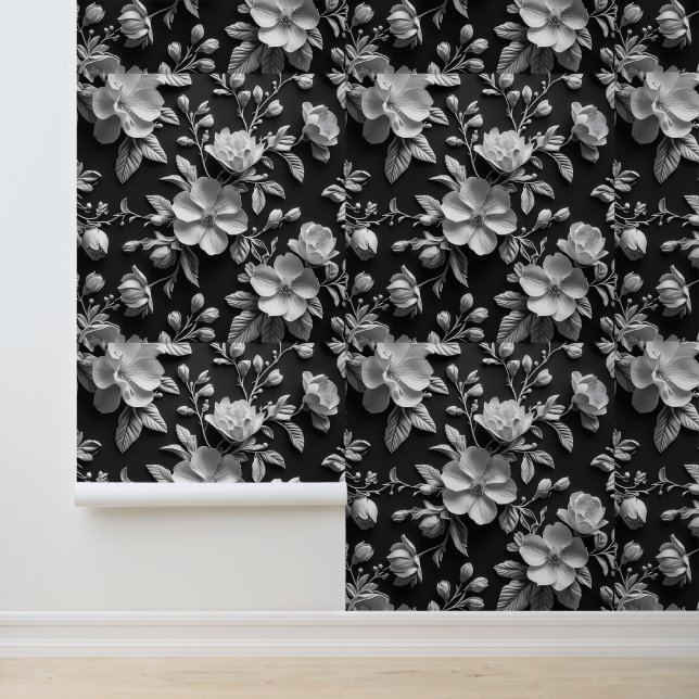 3D Botanische Kunst Schwarz-Weiß-Blüte abnehmbar Tapete (Anwendung)