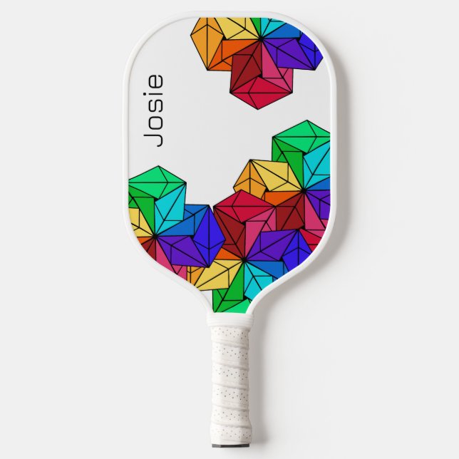 3D Bright Rainbow Random Cubes auf weißem Namen Pickleball Schläger (Vorderseite)