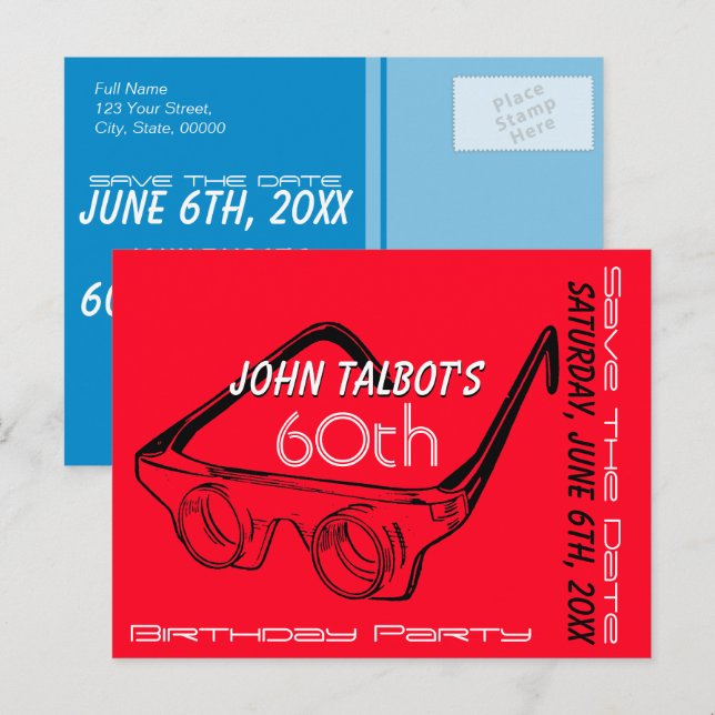 3D-Brille 60. Geburtstag Save the Date Ankündigungspostkarte (Vorne/Hinten)