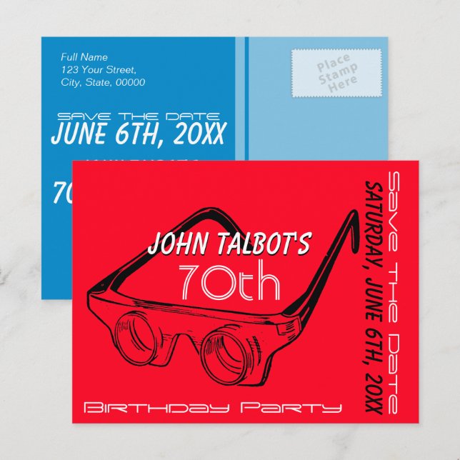 3D-Brille 70. Geburtstag Save the Date Ankündigungspostkarte (Vorne/Hinten)