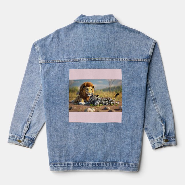 3D Cartoon Lion Eating Zebra – Wild Savannah Scene Jeansjacke (Rückseite)