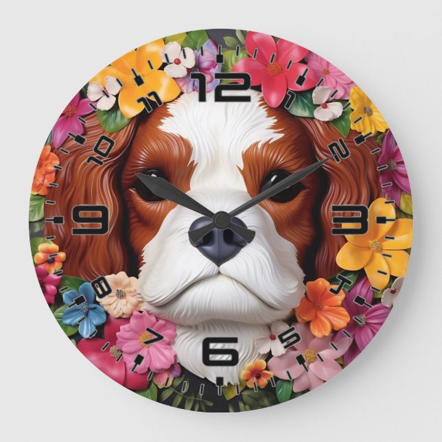 3D Cavalier King Charles Spaniel Große Wanduhr (Vorderseite)