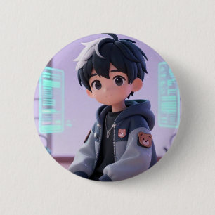 3D Chibi-Gamer-Junge Holografisches Techwear-Zubeh Button