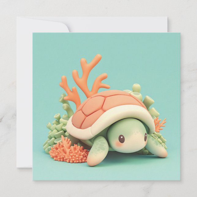 3D Clay Sea Turtle with Orange Coral Reef Postcard (Vorderseite)