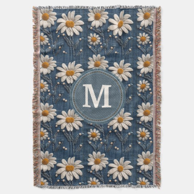 3D Daisy Embroidery Denim Custom Blanket  Decke (Vorderseite Vertikal)