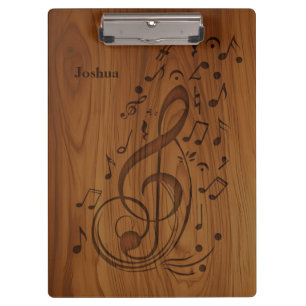 3D Debossed Clef Musical Notes on Wood Klemmbrett