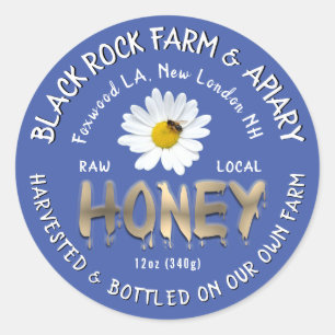 3D Dripping Gold Honey Text Daisy Honeybee on Blue Runder Aufkleber