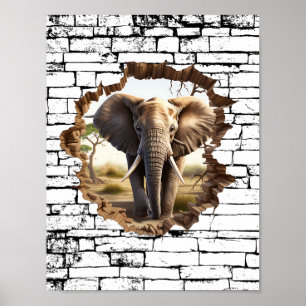 3D Elephant Wall Break Art - Realistische Safari ( Poster