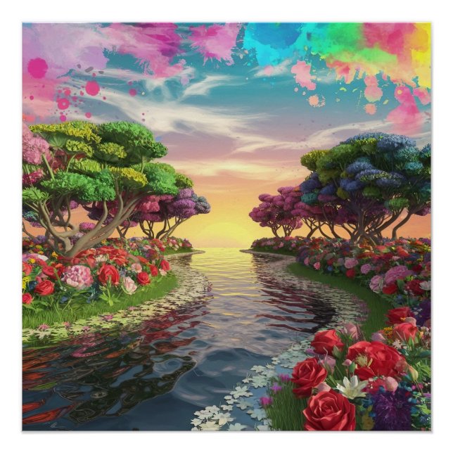 3D Fantasy Sunset Over Serene Lake mit Lebhaftem Poster (Vorderseite)