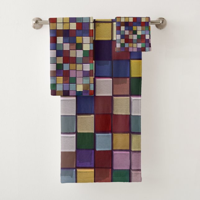 3D farbige Abstraktion Vintager Mosaikhintergrund Badhandtuch Set (Insitu)