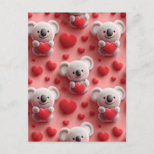 3D-Flüschkoala und Herz-Nahtlosmuster Postkarte