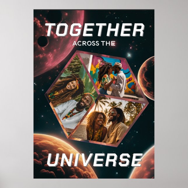3D Fotowürfel im Weltraum mit Planeten Poster (Vorne)