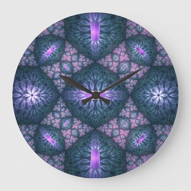 3D Fraktal Art Muster Türkisch Lila rosa Große Wanduhr (Vorderseite)
