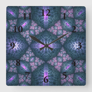 3D Fraktal Art Muster Türkisches Lila Rosa Quadratische Wanduhr