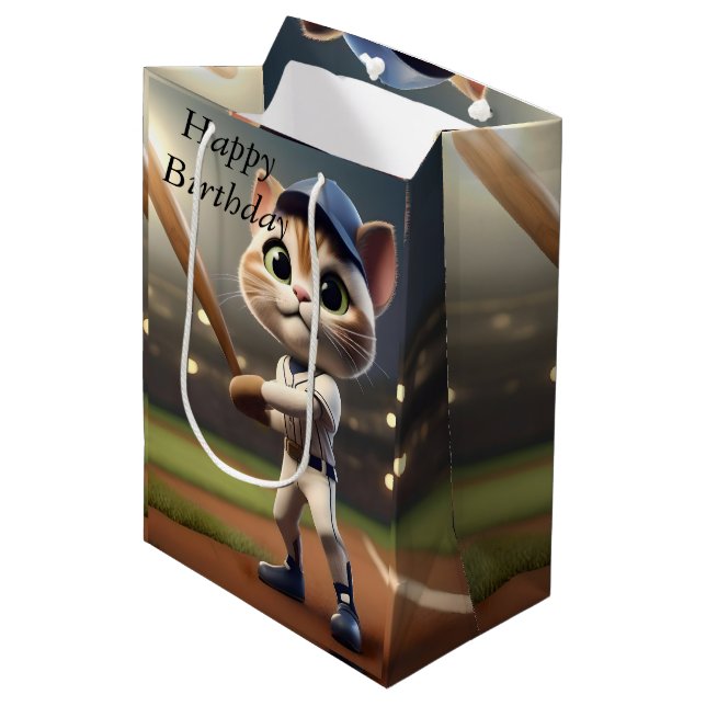 3D Funny Baseball Cat, Mittlere Geschenktüte (Vorderseite Schrägansicht)