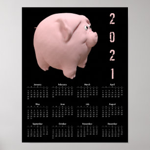 3D Funny Pig 1 Schwarzer Kalender Poster 2021