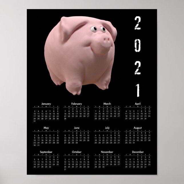 3D Funny Pig 2 Black Calendar Poster 2021 (Vorne)