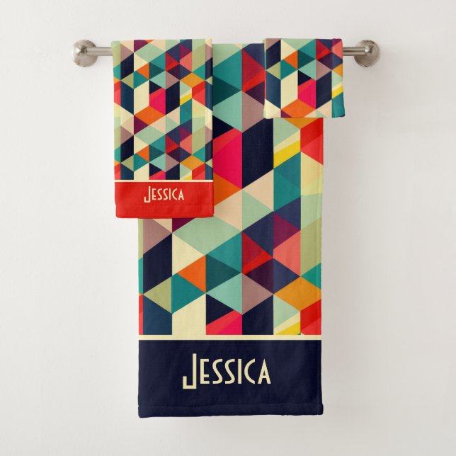 3D Geometrisches Muster RETRO Mit Monogramm Name Badhandtuch Set (Insitu)