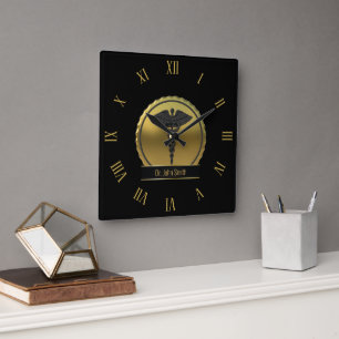 3D Gold Medizinischer Caduceus Professionelles Emb Quadratische Wanduhr