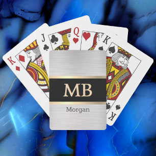 3D-Gold-Monogramm/Name, Goldstreifen, Schwarz/Silb Spielkarten