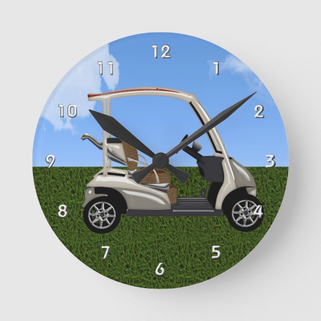 3D Golf Cart on Grass Runde Wanduhr (Vorderseite)
