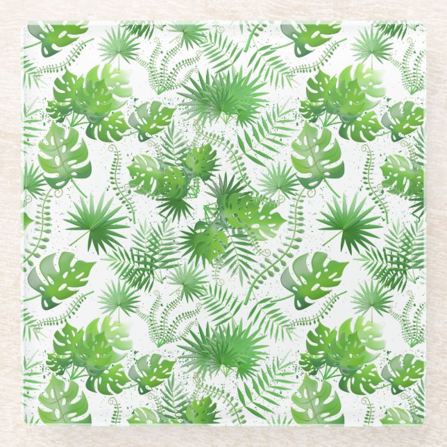3D Green Blätter Muster 01A Blue BG Glasuntersetzer (Vorderseite)
