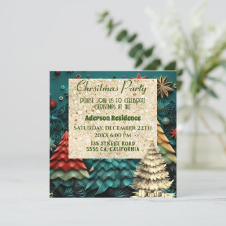 3d Green Christmas Tree| Goldenes Weihnachtsfest - Einladung