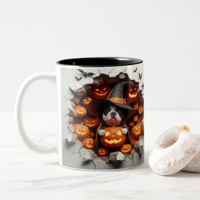 3D Halloween Dog Breeds Halloween Mugs, Tea/Coffee Zweifarbige Tasse (Mit Donut)