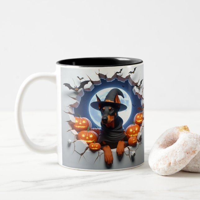 3D Halloween Dog Breeds Halloween Mugs, Tea/Coffee Zweifarbige Tasse (Mit Donut)
