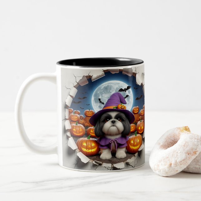 3D Halloween Dog Breeds Halloween Mugs, Tea/Coffee Zweifarbige Tasse (Mit Donut)