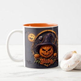 3D Halloween Szene mit Pumpkin, Skull, Hexe, Boo Zweifarbige Tasse