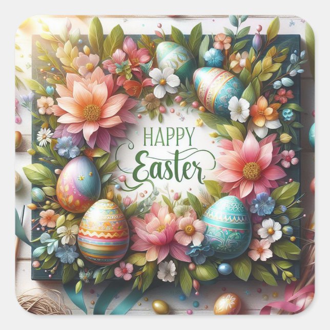 3d Happy Oaster Leinwand Quadratischer Aufkleber (Vorderseite)