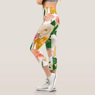 3D-Hintergrund mehrblütig Weiße Farbe Rosa Capri Leggings