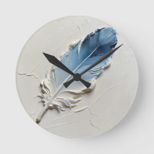 3D Impasto-Textur Blaue Feder Elegant Modern Runde Wanduhr