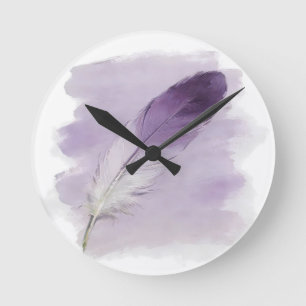 3D Impasto Wasserfarbe Lila Feder Boho Modern Runde Wanduhr