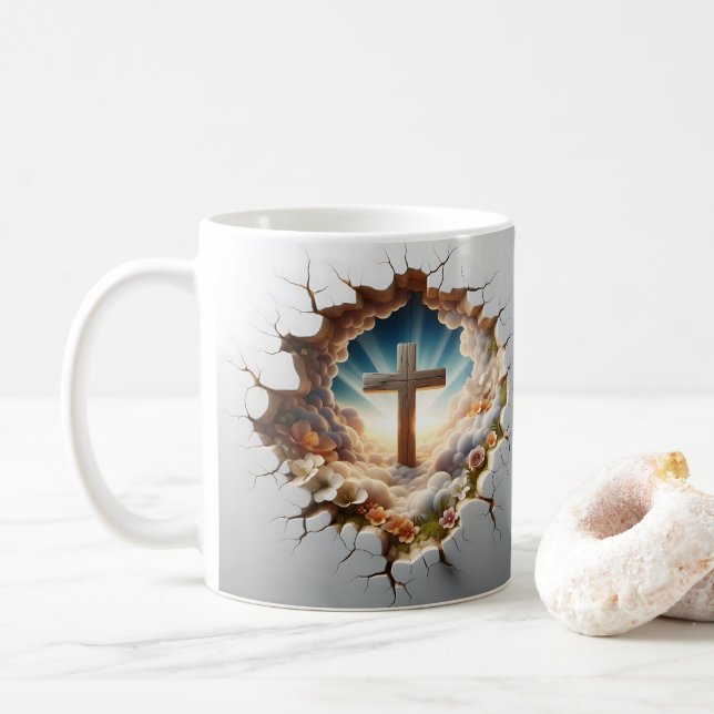3D Jesus und Kreuzloch Mauer gebrochen Kaffeetasse (Mit Donut)