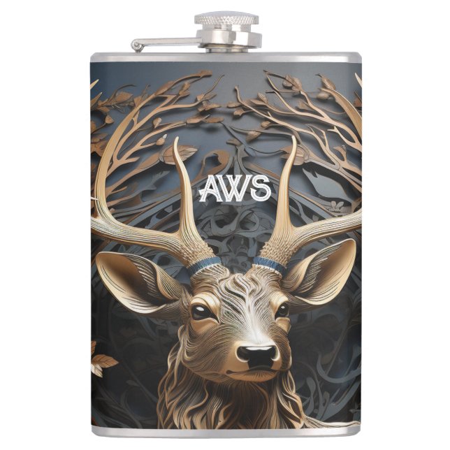 3d Large Antler Buck Deer Monogram Rustikal Flachmann (Vorderseite)