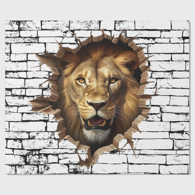 3D-Löwen-Wandbruch-Kunst – Realistischer Safari Geschenkpapier (Flach)