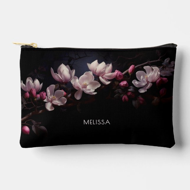 3D Magnolie schwarzer Hintergrund Zubehörtasche (Vorderseite)