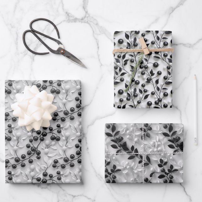 3D Mistletoe Muster mit Leaf-Konturen Geschenkpapier Set (Vorderseite)