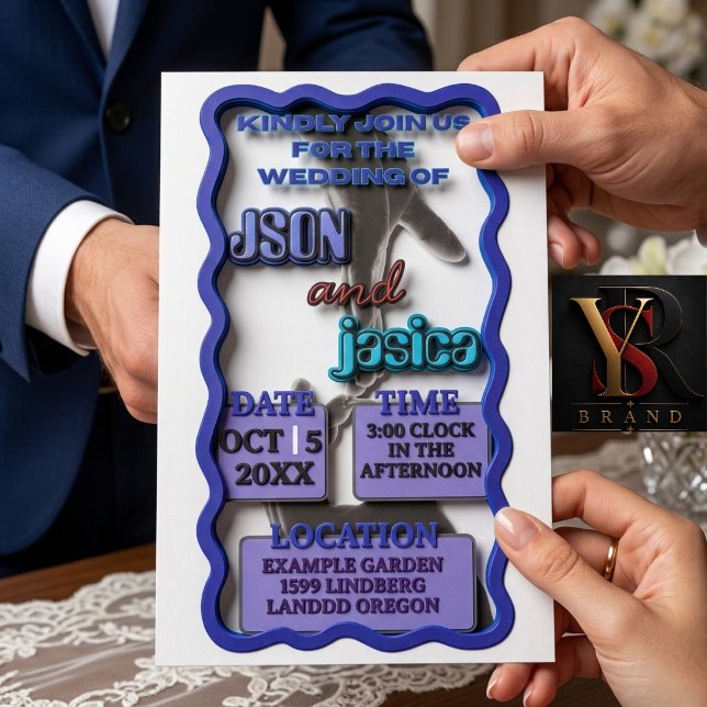 3D | Moderner blauer welliger Rahmen | Hochzeits-E Einladung (wedding frame card)