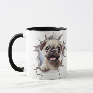 3D-Mops, der eine Ziegelwand durchbricht Tasse