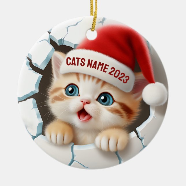 3D Niedlich Kitten in Santa's Hat zu Weihnachten Keramik Ornament (Vorne)